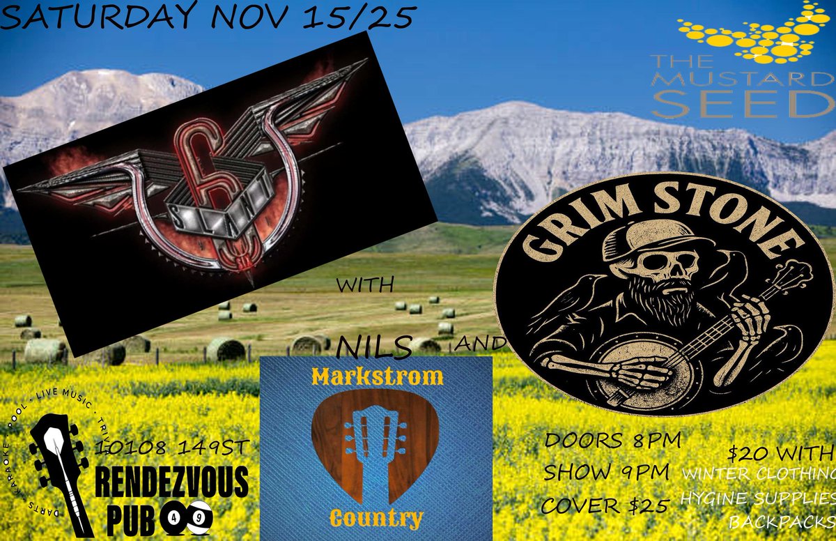 rendezvouspub49's tweet image. Nils Markstrom Country 9PM/Grim Stone 10PM/ Slant 6 11PM Bring Hygiene Items or winter clothing for the Mustard Seed and get $5 off the cover #countrymusic #folkmusic #BluesRock  10108 149st doors 8pm show 9pm #yeglocal