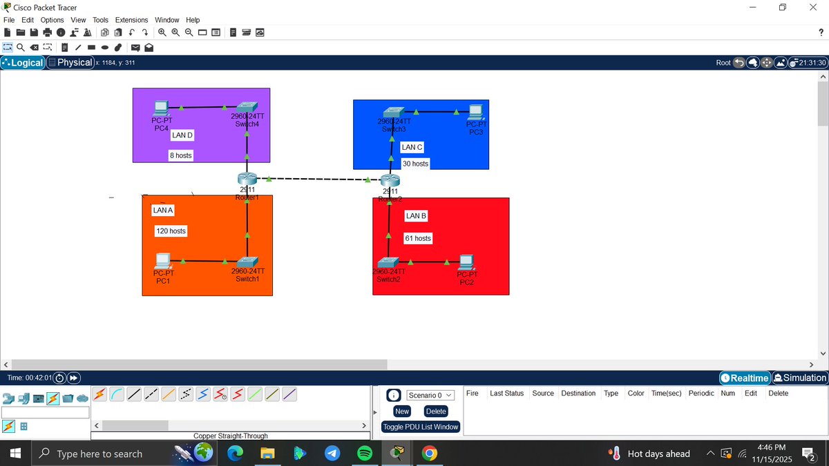 amyy_nwa's tweet image. Day9/100 #100DaysOfNetworking
Today I practiced VLSM in Packet Tracer. I split the 192.168.1.0/24 network into smaller parts. I used /30 subnets to connect the two routers with just 2 usable IPs each perfect for point-to-point links.  @ireteeh @TemitopeSobulo @segoslavia @OnijeC