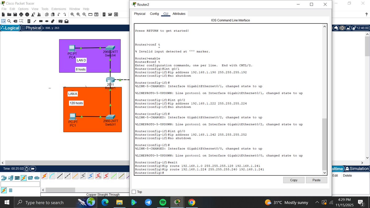 amyy_nwa's tweet image. Day9/100 #100DaysOfNetworking
Today I practiced VLSM in Packet Tracer. I split the 192.168.1.0/24 network into smaller parts. I used /30 subnets to connect the two routers with just 2 usable IPs each perfect for point-to-point links.  @ireteeh @TemitopeSobulo @segoslavia @OnijeC