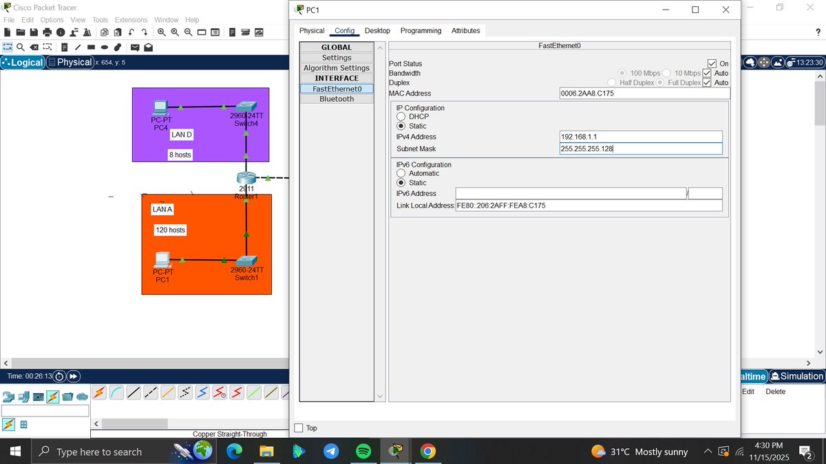 amyy_nwa's tweet image. Day9/100 #100DaysOfNetworking
Today I practiced VLSM in Packet Tracer. I split the 192.168.1.0/24 network into smaller parts. I used /30 subnets to connect the two routers with just 2 usable IPs each perfect for point-to-point links.  @ireteeh @TemitopeSobulo @segoslavia @OnijeC