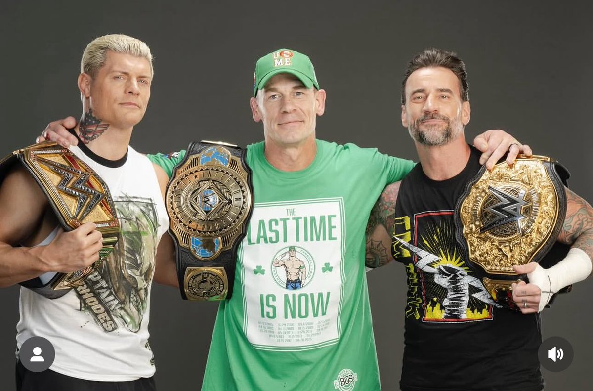 Cody Rhodes as the WWE Champion.

John Cena as the Intercontinental Champion.

CM Punk as the World Heavyweight Champion.

ICONIC PIC 🥹❤️