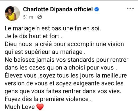 Découvrez le message de @CharlotteDipanda qui va vous faire reconsidérer vos priorités sur le mariage et l'amour !
#Cameroun #Mariage
