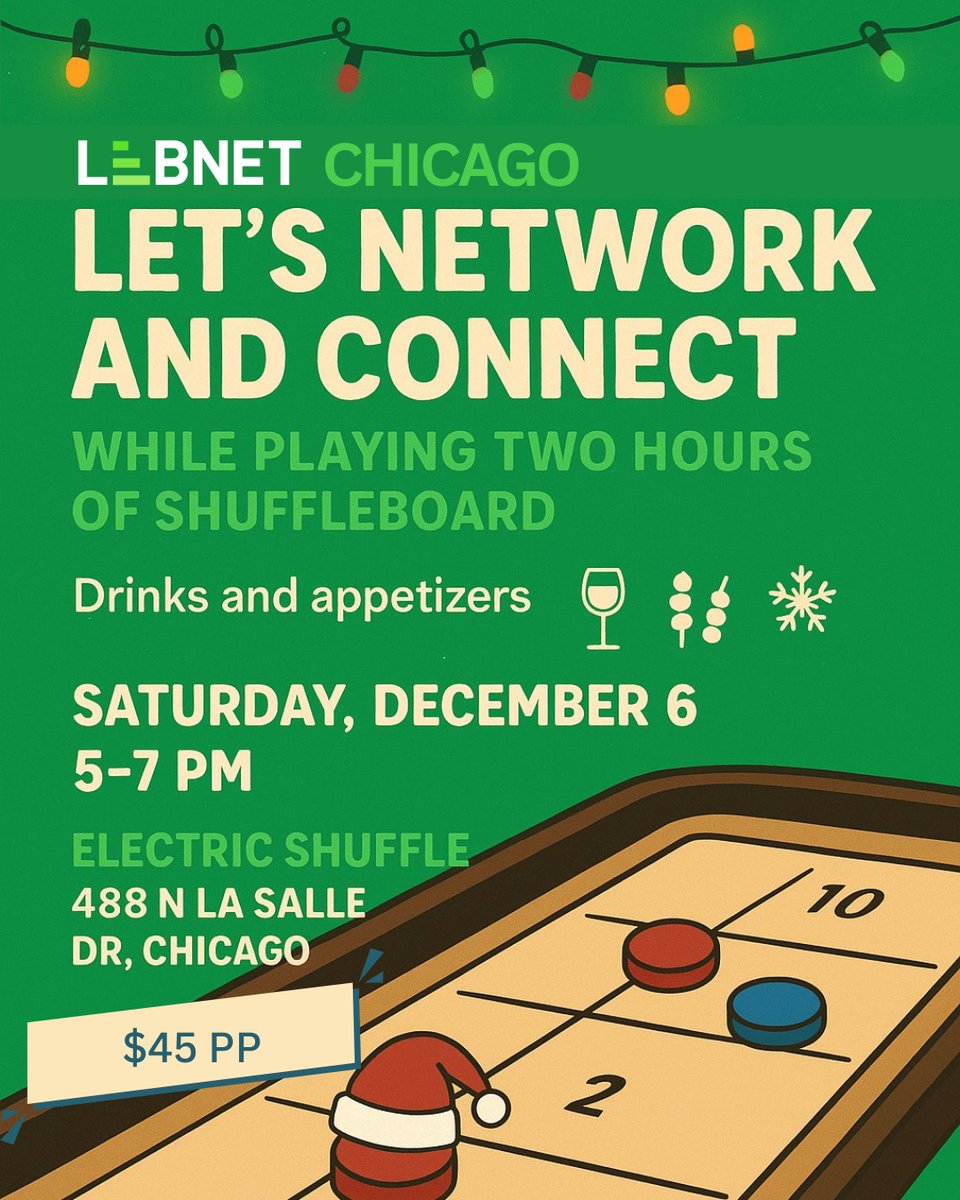 Join LebNet Chicago for a festive evening of networking &amp; shuffleboard as we celebrate the amazing first year for our community! 🎄
Connect with fellow professionals while enjoying drinks &amp; appetizers.

Spots are limited! 🔗Register now: lebnet.us/event-6436453