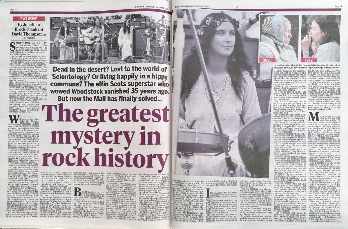 I’ll be spending time in Sacramento this month… Maybe I’ll run into Likky? —The UK’s Daily Mail has a fascinating article in today’s issue re: the disappearance of The Incredible String Band’s Licorice McKechnie ⬇️⬇️