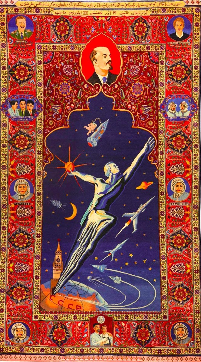 menavisualss's tweet image. Persian Carpet celebrating the successes of Soviet space travel, made by members of Iranian Tudeh Party (1965)