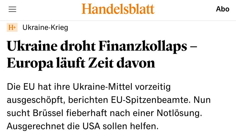 Selensky hat zu viel geklaut: Die Ukraine steht am Rand des finanziellen Zusammenbruchs, schreibt das Handelsblatt. Die EU-Reserven in Höhe von 6 Mrd. Euro, die für die Auszahlung an die Ukraine im ersten Quartal 2026 vorgesehen waren, sind vollständig aufgebraucht. Ein