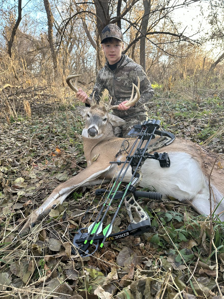 doubleAseedman's tweet photo. Rhett knocked down his first buck with his bow!!!! https://t.co/ehUKp5xpNf