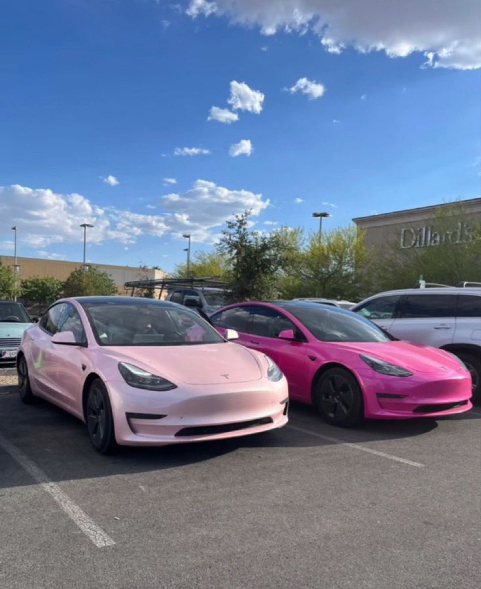 PurelyTesla's tweet photo. Pink Teslas taking over the parking lot! 🌸⚡️
> Barbie called, she wants her cars back!
> #PinkTesla #TeslaVibes #ElectricDreams https://t.co/5i8g4A7uJm
