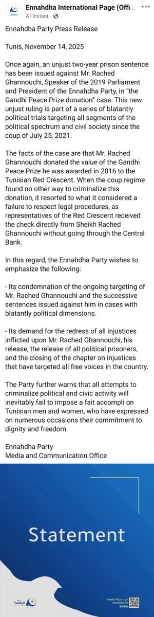 Ennahdha condemns new unfair sentence against ⁦<a href="/R_Ghannouchi/">Rached Ghannouchi</a>⁩ 
#Tunisia #FreeGhannouchi #FreePoliticalPrisoners 

facebook.com/share/p/17Vx6v…
