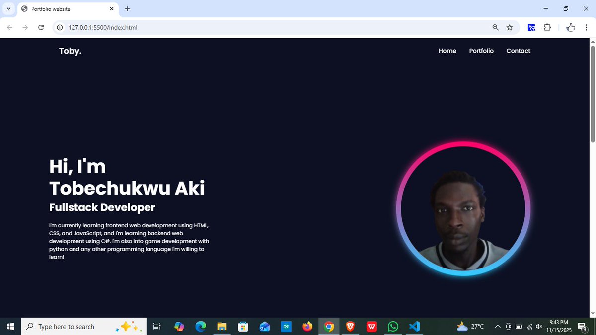 AkiToby1's tweet image. Ah... Task 4. My favorite task. I made this with my heart and soul, along with the help of w3schools and youtube. Did I learn a lot? Absolutely!
The link to the website is below (and check out my games if you can🙂)
portfolio-xi-lake-17.vercel.app

#frontenddevelopers #WebDevelopment