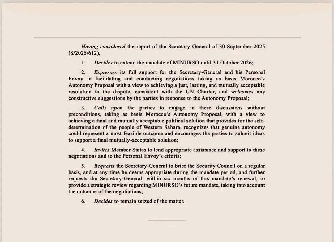NewsNow4moro's tweet image. 🔴- رسميًا: القرار الأممي رقم 2797 (2025) بشأن الصحراء المغربية  🇲🇦 نُشر على موقع الأمم المتحدة 🇺🇳.

النشر يقطع الطريق على الإشاعات ويؤكد تبني مجلس الأمن موقفًا واضحًا، مع تحديد الأساس والإطار ومنح الشرعية لمبادرة الحكم الذاتي تحت السيادة المغربية كحل للنزاع.