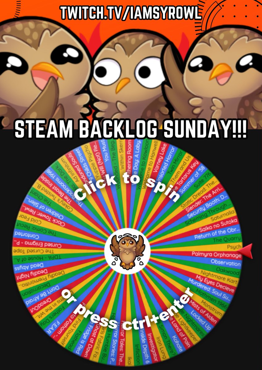 Tomorrow we'll be trying something new on the channel. 

I've got far too many games in my Steam library... SO LET'S PLAY THEM!

At the start of every Sunday stream we'll be spinning a wheel and playing whatever it lands on! 

Welcome to Steam Backlog Sundays! Every Sunday 13:00.