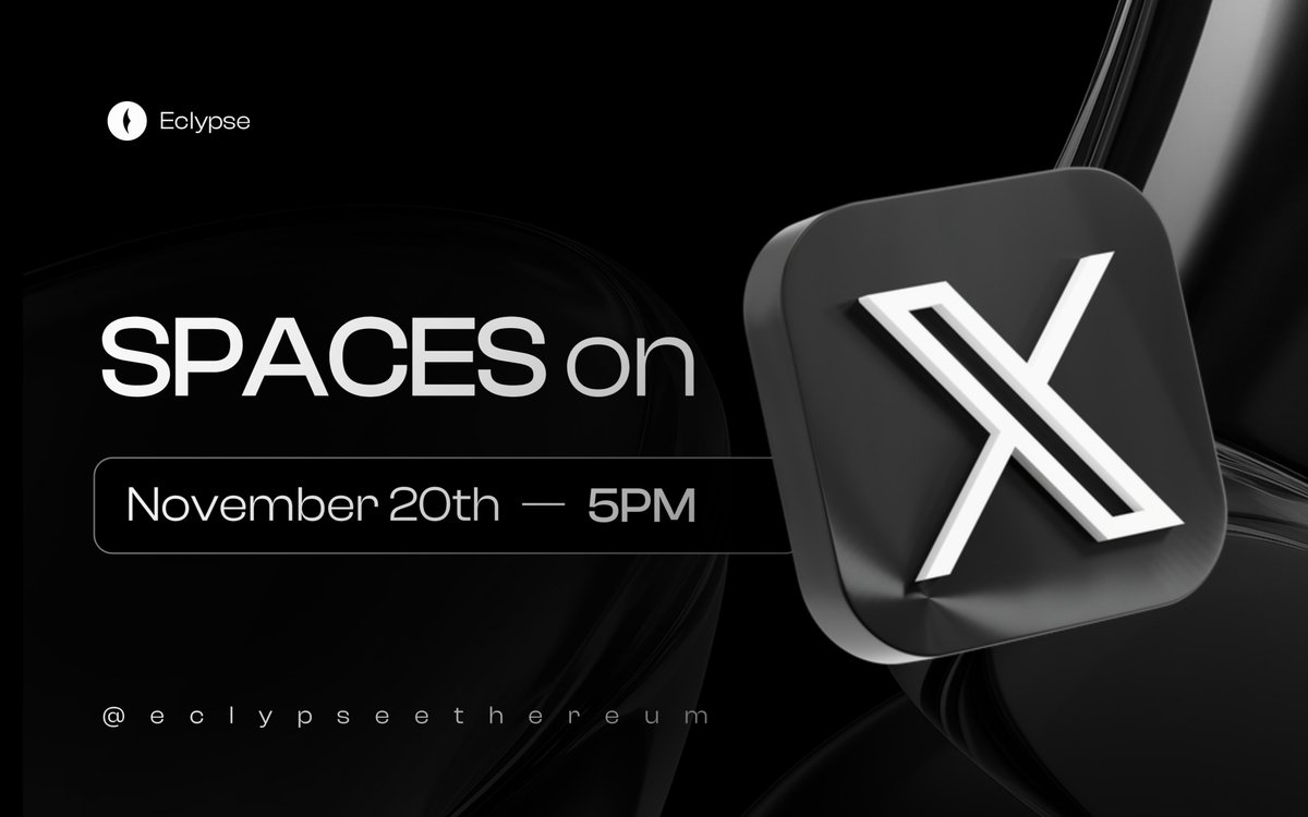 eclypseethereum's tweet image. Eclypse Embarks

🌑Spaces on X
 
 We’re doing our first X Spaces and I’m actually excited for this one🚀

On November 20th at 5 PM UTC, we’ll be going live to talk about Eclypse, the problems we’re seeing on Ethereum right now, and how we’re planning to fix them with what we’re…