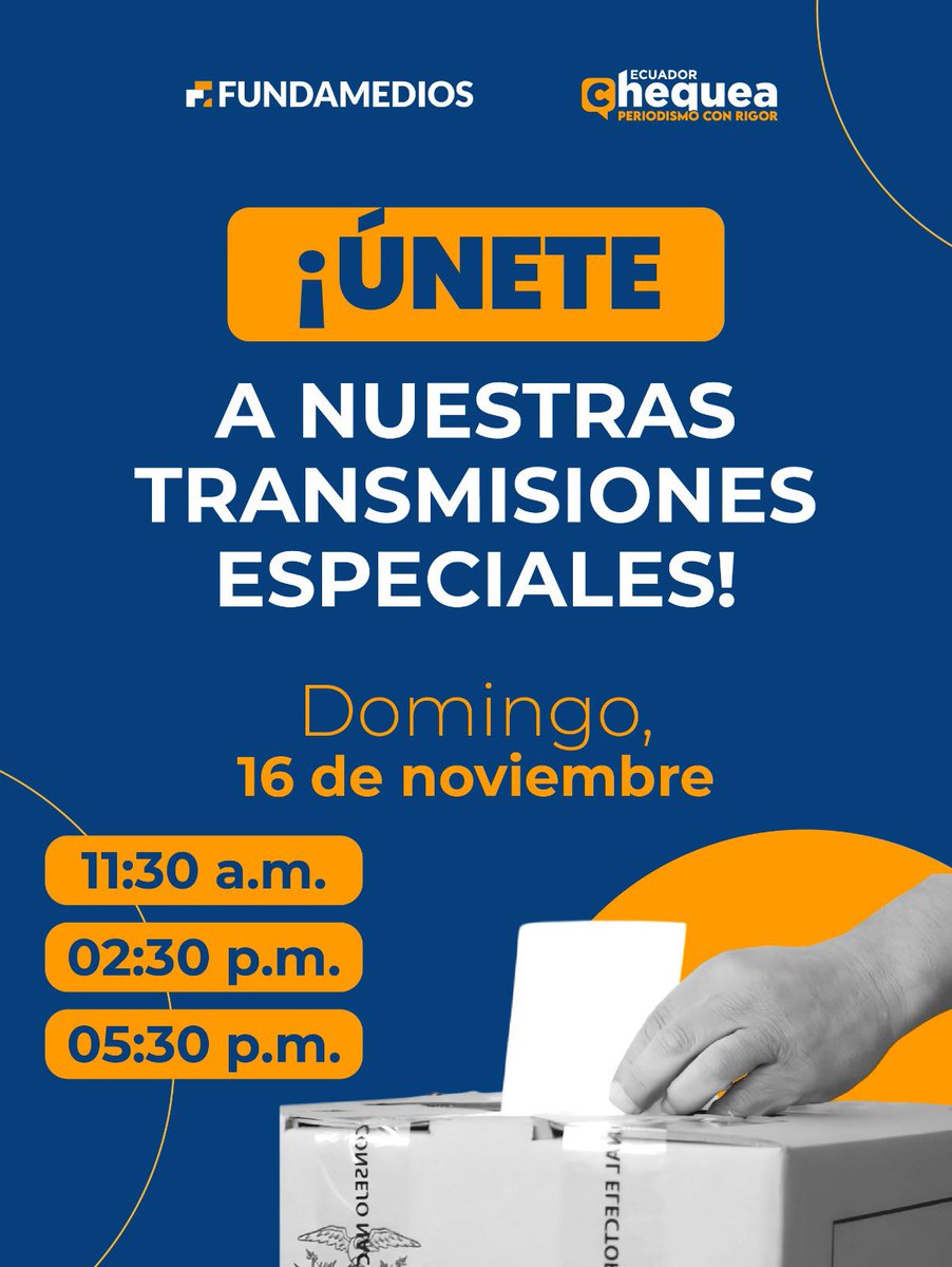 FUNDAMEDIOS's tweet image. 🗳️ ¡No votes a ciegas, conéctate a nuestras transmisiones especiales! 

📲 Este domingo 16 de noviembre vive la consulta popular y el referéndum con la información verificada y el análisis de Fundamedios y @ECUADORCHEQUEA , te acompañamos con cobertura en vivo a las 11:30 a. m.,…