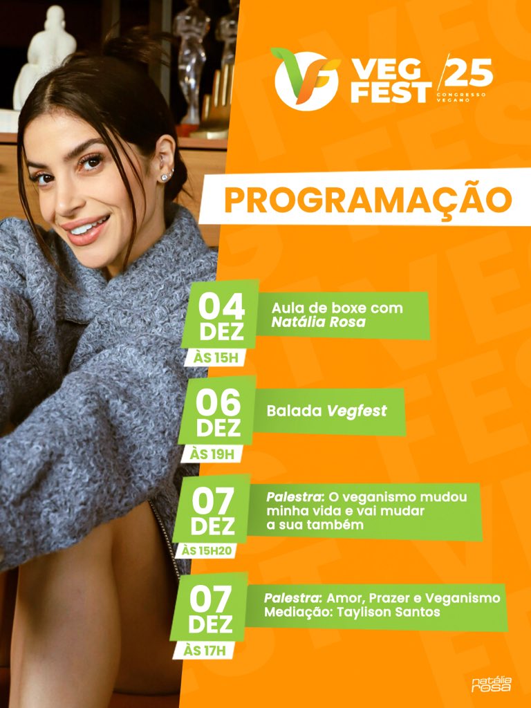 nataliarosainfo's tweet photo. [VEGFEST] Segue a programação de Natália Rosa no Vegfest 2025. 💚

Para quem ainda não adquiriu ingresso para o congresso ou deseja se registrar para a feira gratuita, todas as informações estão disponíveis no site oficial: https://t.co/DW1NVAqoO7 https://t.co/DtAHUWWEbj
