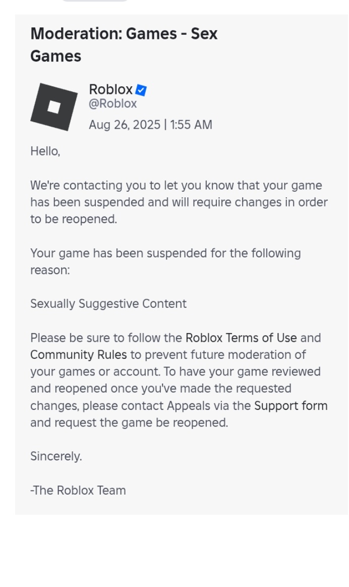 Timmquit's tweet image. The fact that the game in question that got banned was one of there template shooter games is disgusting I don't really care about the fact its banned I care that the "sexually suggestive content" is their own template. @RealSchlep @Roblox @KreekCraft #freeschlep @Roblox_RTC