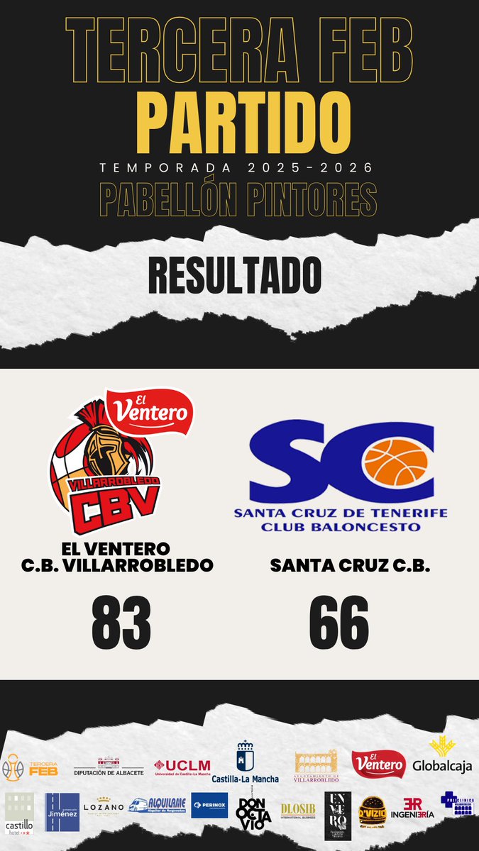 |TERCERA FEB | 𝟕ª𝐉𝐨𝐫 𝐑𝐄𝐒𝐔𝐋𝐓𝐀𝐃𝐎
<a href="/CBVillarrobledo/">El Ventero CBV</a> 83
<a href="/CB_SantaCruz/">Club Baloncesto Santa Cruz</a> 66
Día redondo para el club, presentación de nuestra cantera y el primer equipo consiguiendo la cuarta victoria de la temporada ante un combativo equipo tinerfeño.
<a href="/VdoDiario/">Miguel Parreño López1</a>