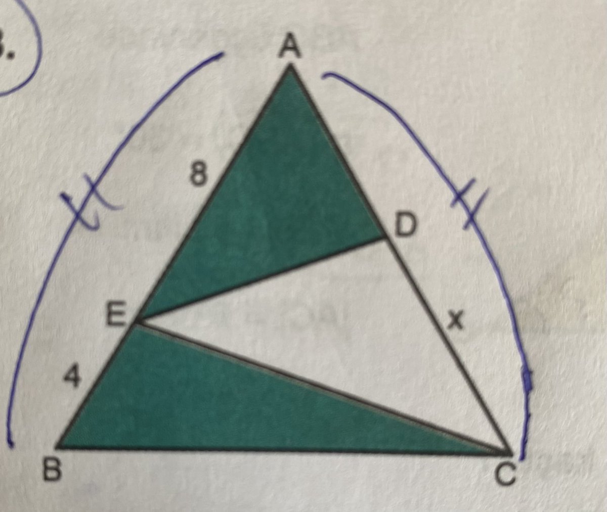 Math_World_'s tweet image. Areas of green triangles are equal,
|AB| = |AC|, x = ?
