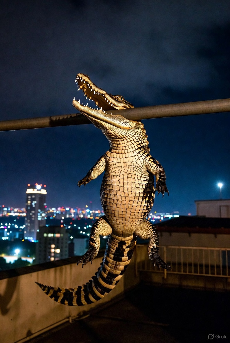 昨日、中抜け休憩で家に帰ってきて、お昼寝をしようと目を瞑ったら、「夜景がきれいな高層ビルの屋上にある鉄棒にワニが噛みついて大車輪をしている画像」が瞼の裏に現れ眠れなくなったのでGrokに画像を作ってみてもらった(*´罒`*)
そうこんな感じで大車輪してたｗ