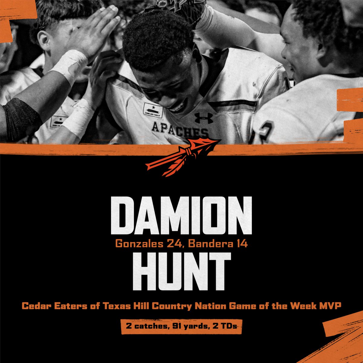 ApachesGHS's tweet image. Congratulations to Damion Hunt on being named the Cedar Eaters of Texas #HillCountryNation Game of the Week MVP! 

Damion had two catches for 91 yards and two TDs to help spark the Apaches in their comeback win over Bandera in a Class 4A D2 Bi-District Championship game!