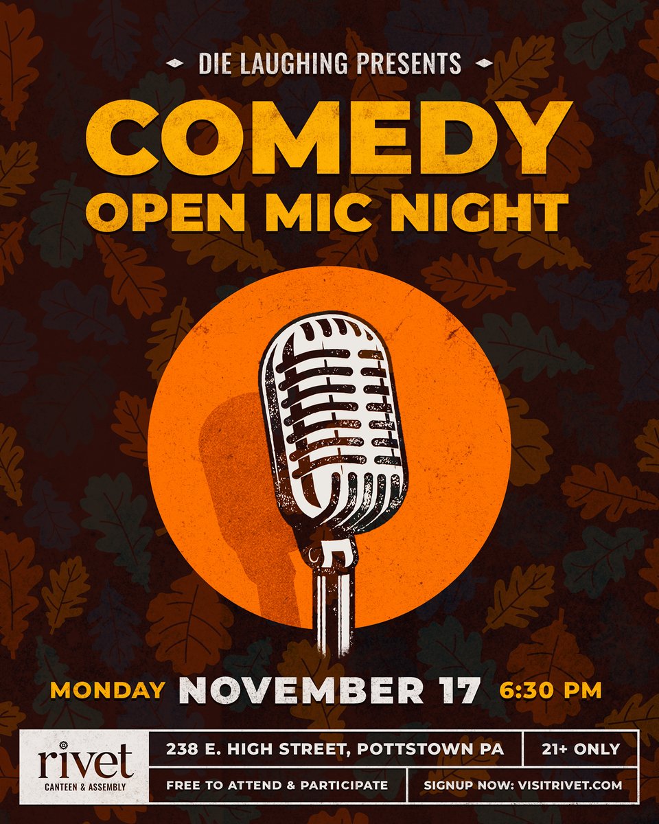 Our FREE Comedy Open Mic Night is back at Rivet on Monday, November 17! Come hang out with us and enjoy spontaneous comedy from 7:00 PM. Interested in performing? Signups start at 6:30 PM. Presented by <a href="/DieLaughingOrg/">DIE LAUGHING , inc</a> and hosted by DJ Via.

🎟️ Details: eventbrite.com/e/free-comedy-…