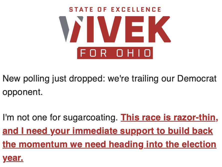 Just received this email from the Vivek for Ohio governor campaign.

The cultural Indian GOP candidate is actually going to lose an R+10 state to a demonic Democrat who at least articulates that she recognizes the pain that Indian exploitation of H1B is causing middle-class