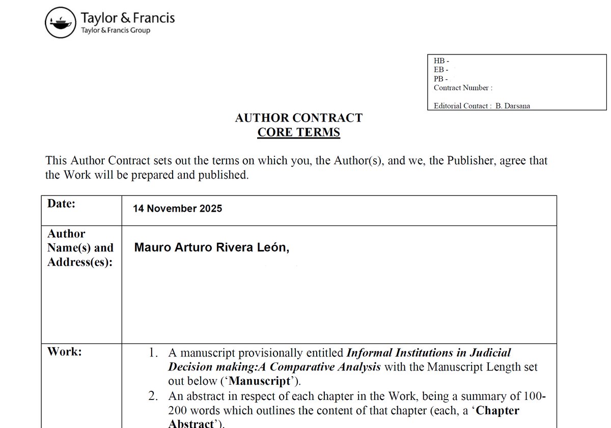 I am delighted to share that I have signed a contract for my forthcoming book, “Informal Institutions in Judicial Decision-Making,” with Taylor &amp; Francis. 

The book is scheduled for publication in 2026 by <a href="/routledgebooks/">Routledge Books</a>  (Focus Series).