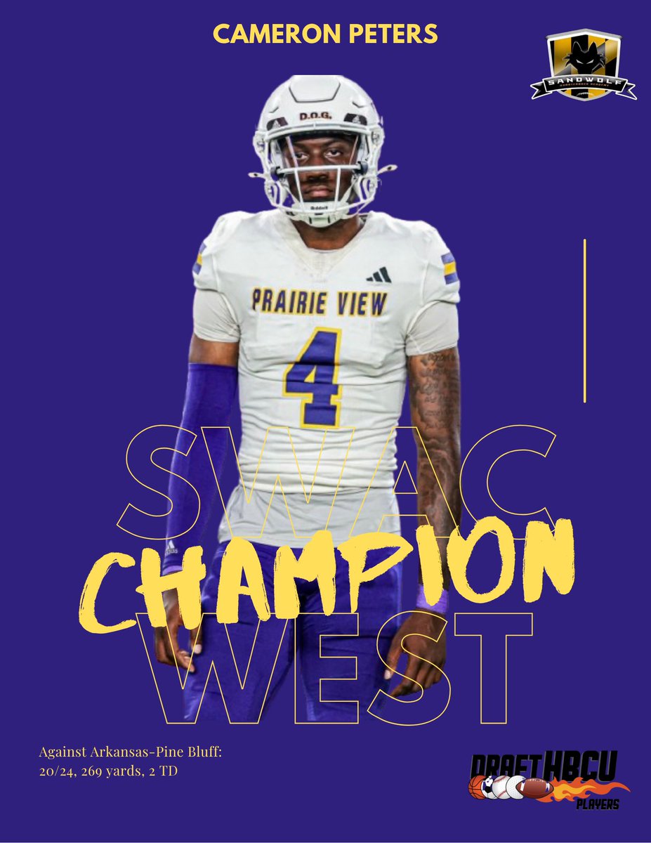 gizmo_myers's tweet image. Cameron Peters = SWAC West Champion.
20/24, 269 yards, 2 TDs.
Locked in from the first snap. 🔒🏆

#CameronPeters #PVAMU #SWAC #HBCUFootball #DraftHBCU #QB1