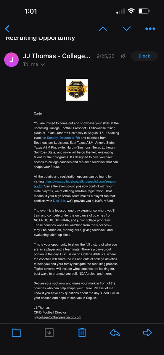 Extremely blessed for this opportunity thank you so much <a href="/CPID_Football/">College Football Prospect ID</a> <a href="/RossJynx/">Ross Jenkins</a> <a href="/CoachMarshall_/">Kendrick Marshall</a> <a href="/CoachMoney88/">Jaxson Money</a> for the invite I will be attending. <a href="/HSUCowboys/">Hardin-Simmons Cowboy Football</a> <a href="/TLU_Football/">TLU Football</a> <a href="/LionUpFootball/">Southeastern Football</a> <a href="/Lions_FB/">East Texas A&M Football</a> <a href="/TXRecruits/">Texas Recruits</a> <a href="/PrepRedzoneTX/">Prep Redzone Texas</a> <a href="/JButler_210/">Josh Butler</a>