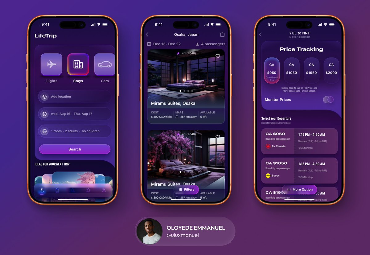 EmmanuelUIUX's tweet image. Designed a clean, intuitive travel app that helps users explore destinations, plan trips easily, and enjoy a seamless booking experience.
