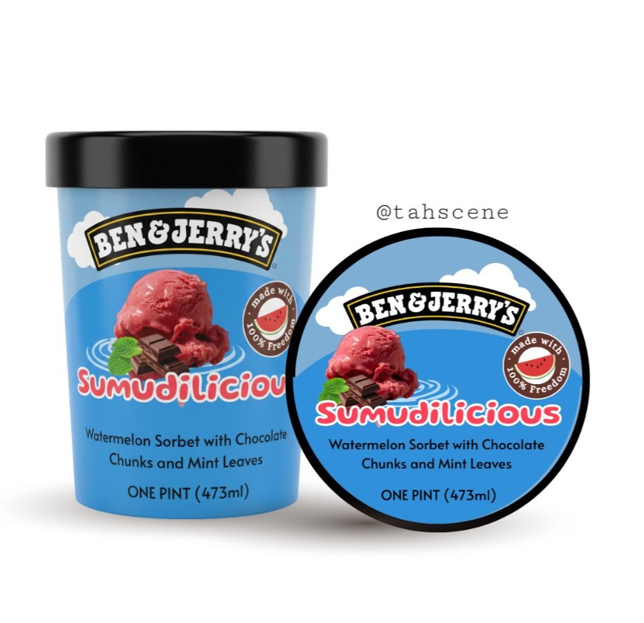 tahscene's tweet photo. @YoBenCohen @magnum Suggestions for the flavor name

- A Hind of Love (For hind Rajab)
-Filismint
- Pint for Palestine
- Freedomelon
-Sumudilicious 

This is my original design.  I will be entering with packaging ideas 
for the other names as well) https://t.co/Wx3JjYBxrG