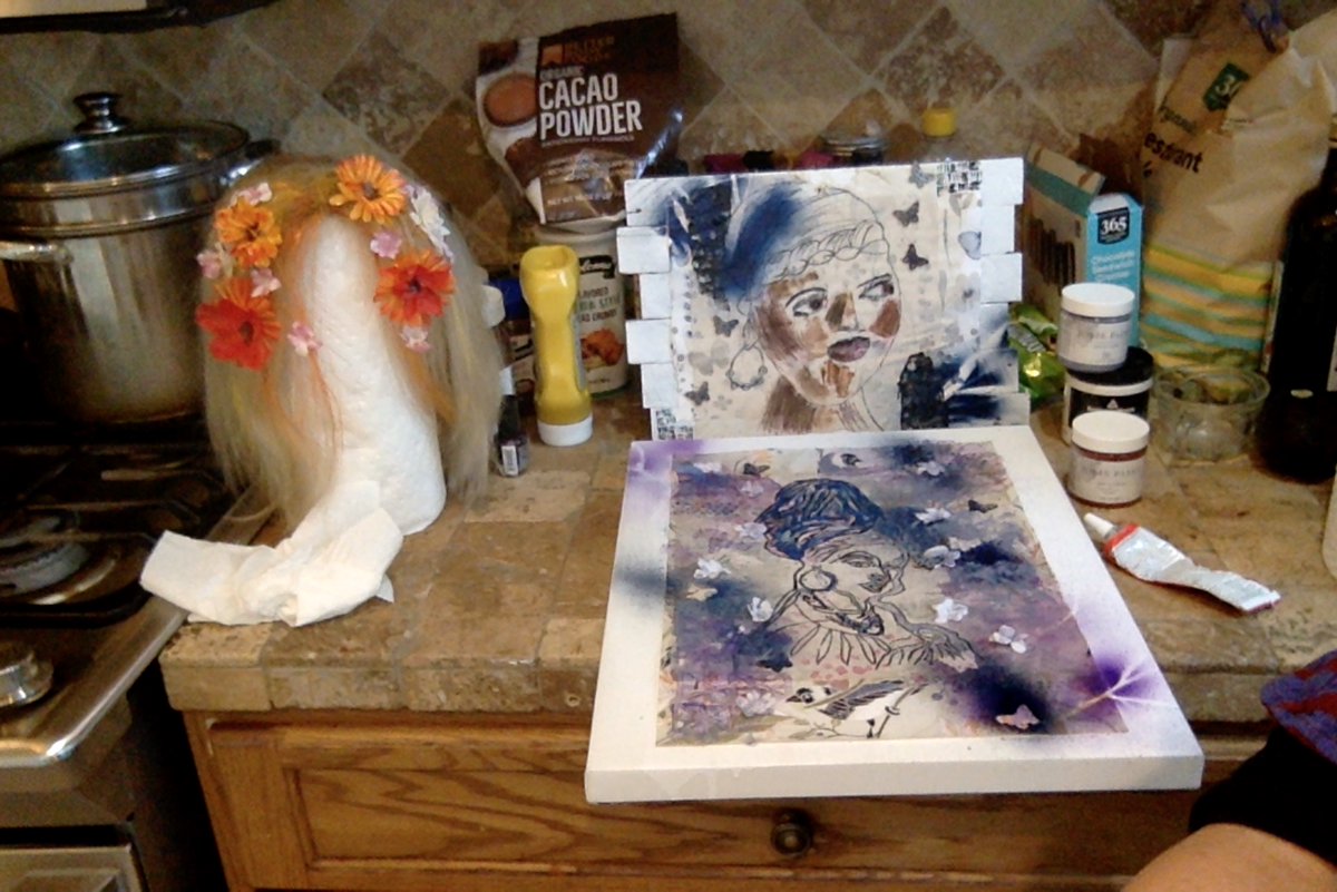 SlBoekbinder's tweet image. PART 1

Hello World!
#artworks in process
and a #wig
#artstudio is wherever I can find space
usually the #kitchen
#artwork tells me what it wants to be
similar to when
I #write
#creativenonfiction or #fiction
or #poems