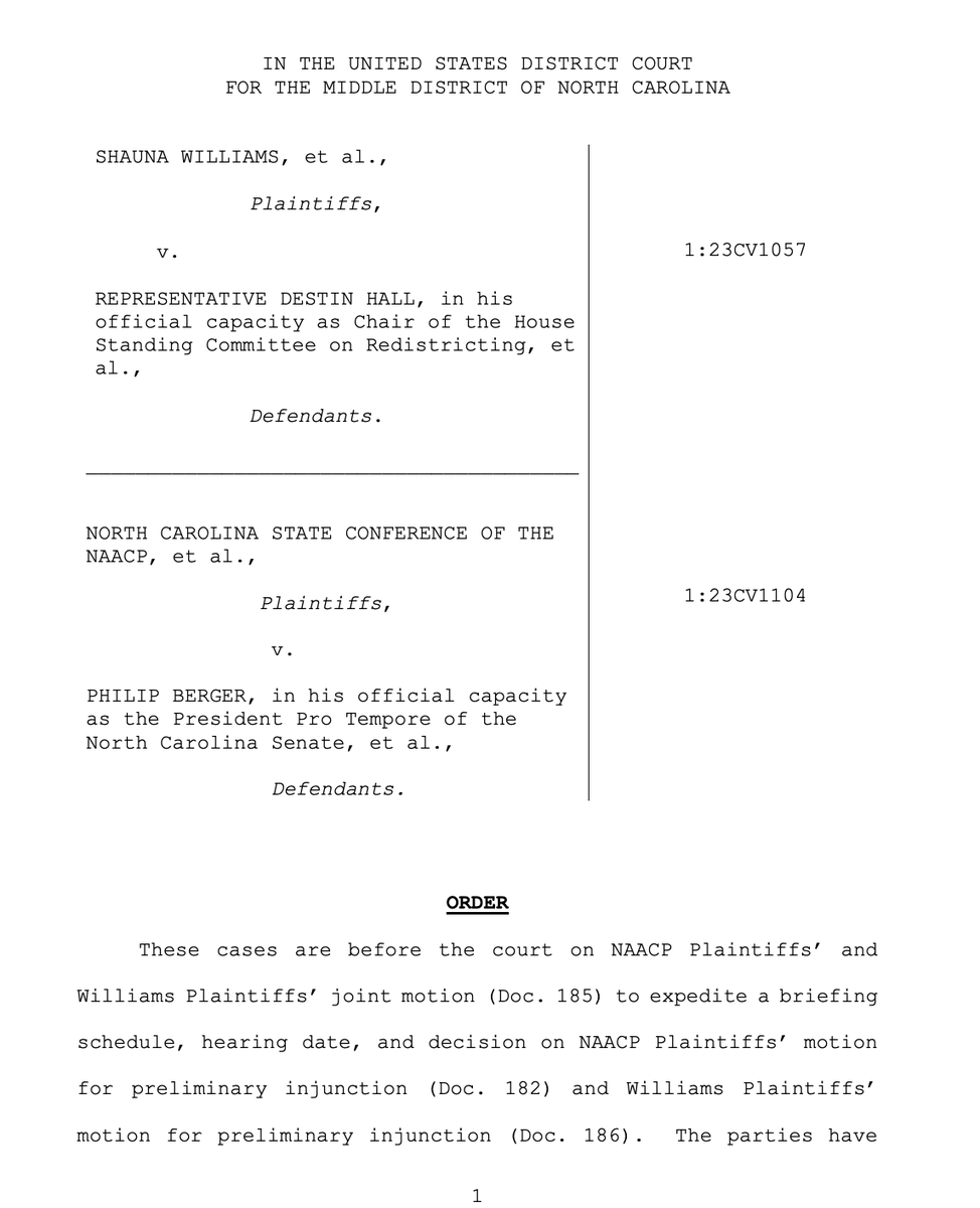 RedistrictNet's tweet image. #UPCOMING: The three-judge panel will hold a preliminary injunction hearing on the new North Carolina congressional map on November 19, 2025 in Winston-Salem, NC. storage.courtlistener.com/recap/gov.usco…
