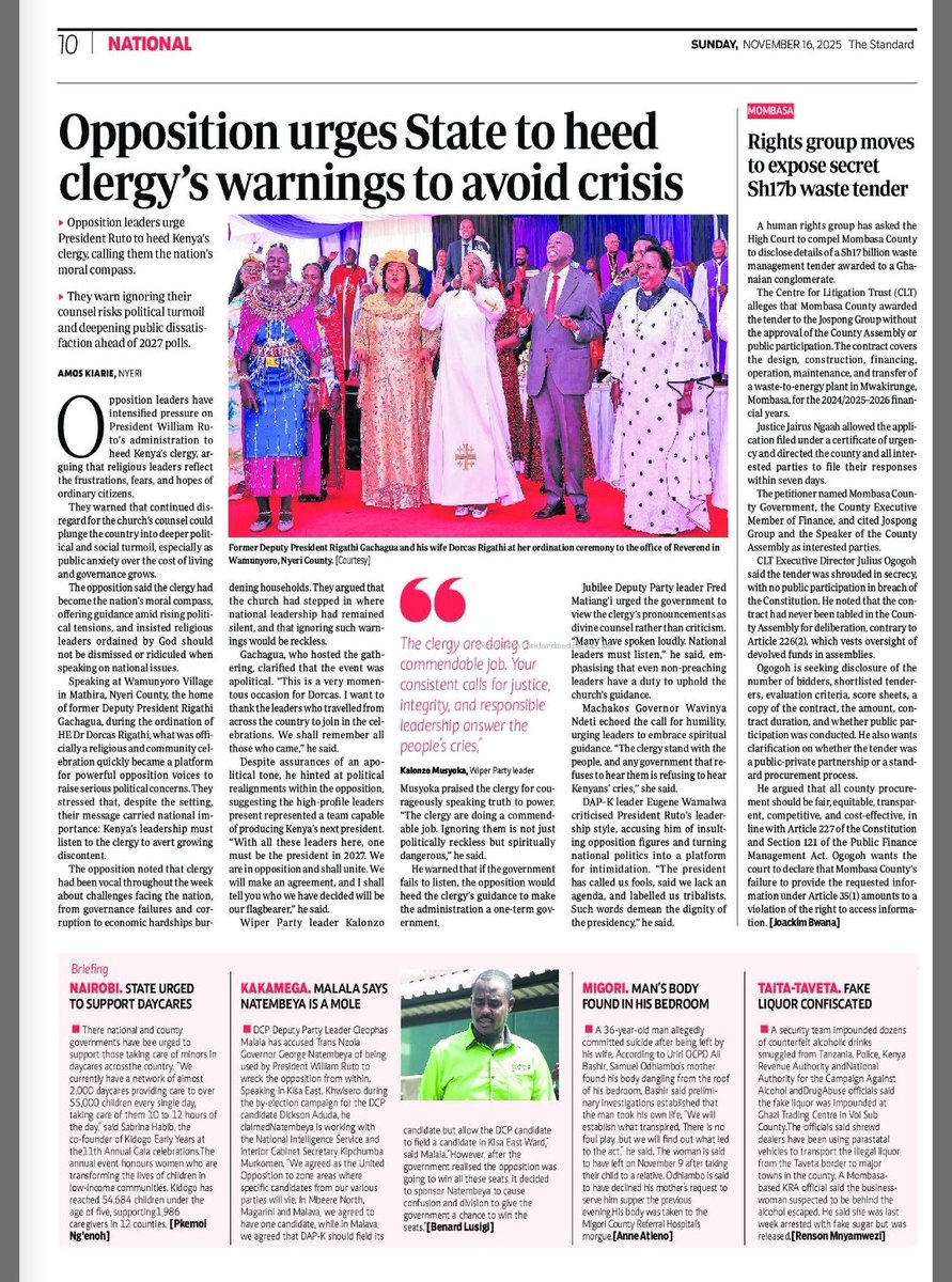 KyleMacharia4's tweet image. Kalonzo Musyoka;
“If the President keeps ignoring the clergy, we will act. Those of us who believe in accountability will follow what the clergy is saying—and we will make his administration a one-term government."

Read the full story in The Sunday Standard