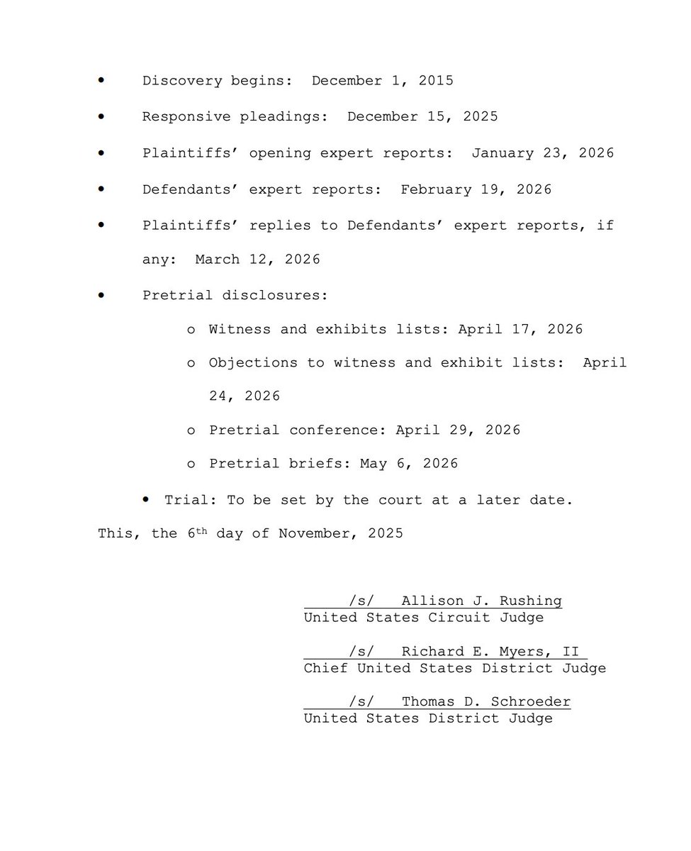 RedistrictNet's tweet image. #UPCOMING: The three-judge panel will hold a preliminary injunction hearing on the new North Carolina congressional map on November 19, 2025 in Winston-Salem, NC. storage.courtlistener.com/recap/gov.usco…