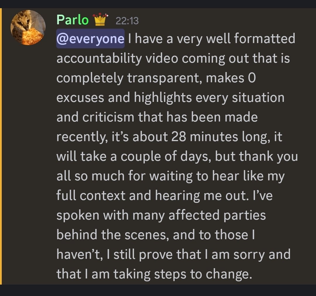 What is Parlo's damn obsession with how well things are formatted lmao. Anyway, his response is apparently almost 30 minutes long and will be out in a couple of days