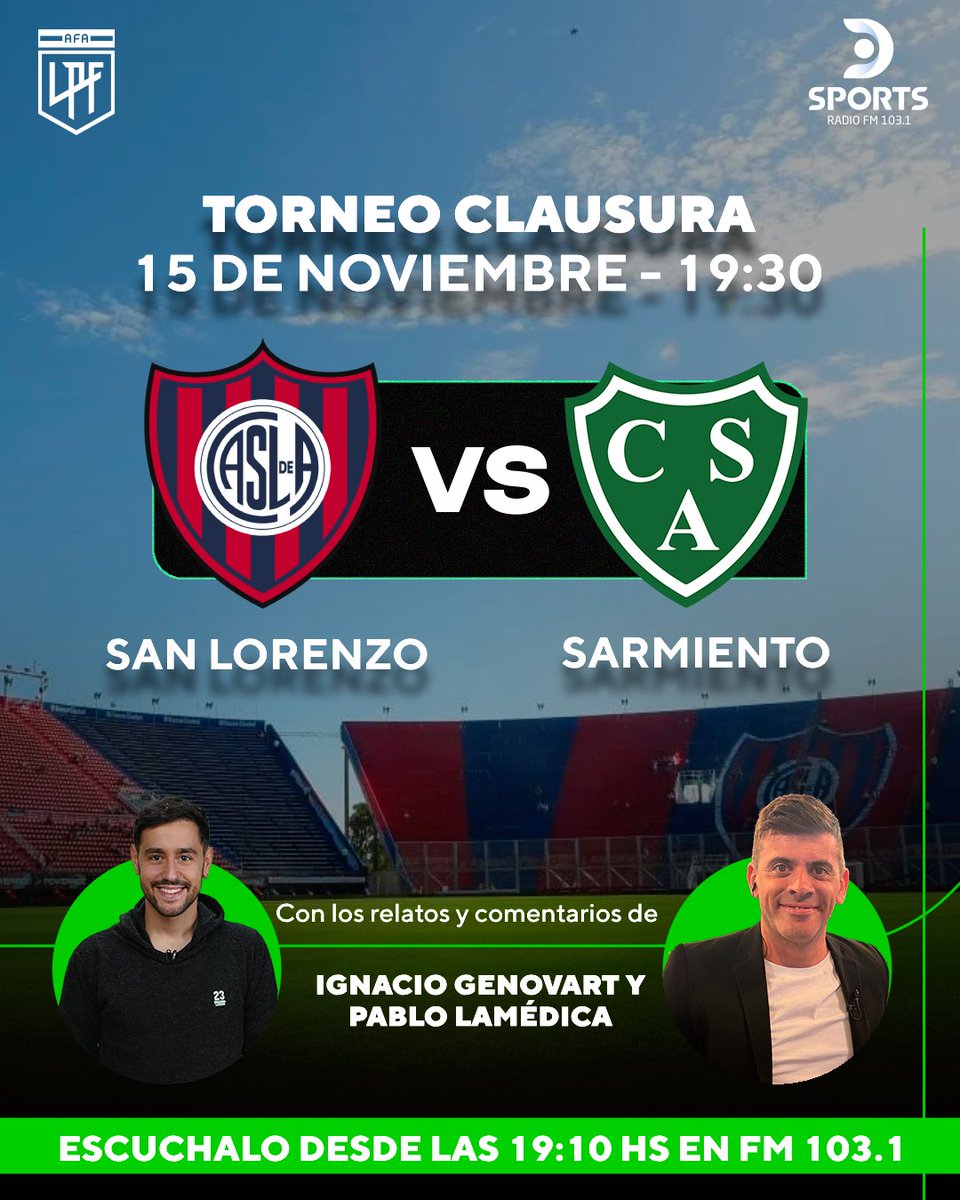 No paramos la ⚽ en <a href="/DSportsRadio/">DSports Radio 103.1 FM</a> 103.1 
#TorneoClausura 
#SanLorenzo #Sarmiento
Junto a <a href="/NachoGenovart/">NACHO GENOVART</a>
<a href="/pablolamedica/">Pablo Lamédica</a> <a href="/Gonzaaorellano/">Gonzalo Orellano</a> y <a href="/EstebanSassi/">esteban sassi</a>