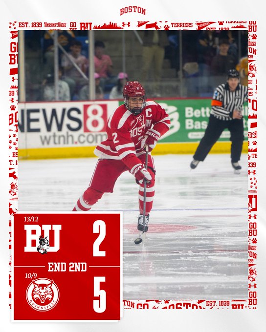 Player in scarlet and white Boston University hockey jersey numbered 13 skates on ice holding stick with puck near net, referee in black uniform stands nearby, arena background includes crowd in stands, green WMTW News 8 banner, blue WMTN ad, and hockey boards, bottom overlay shows scoreboard with BU 2 and opponent mascot 5 at end of second period, framed by Terrier Hockey logo, 1983 reference, and Boston skyline graphics.