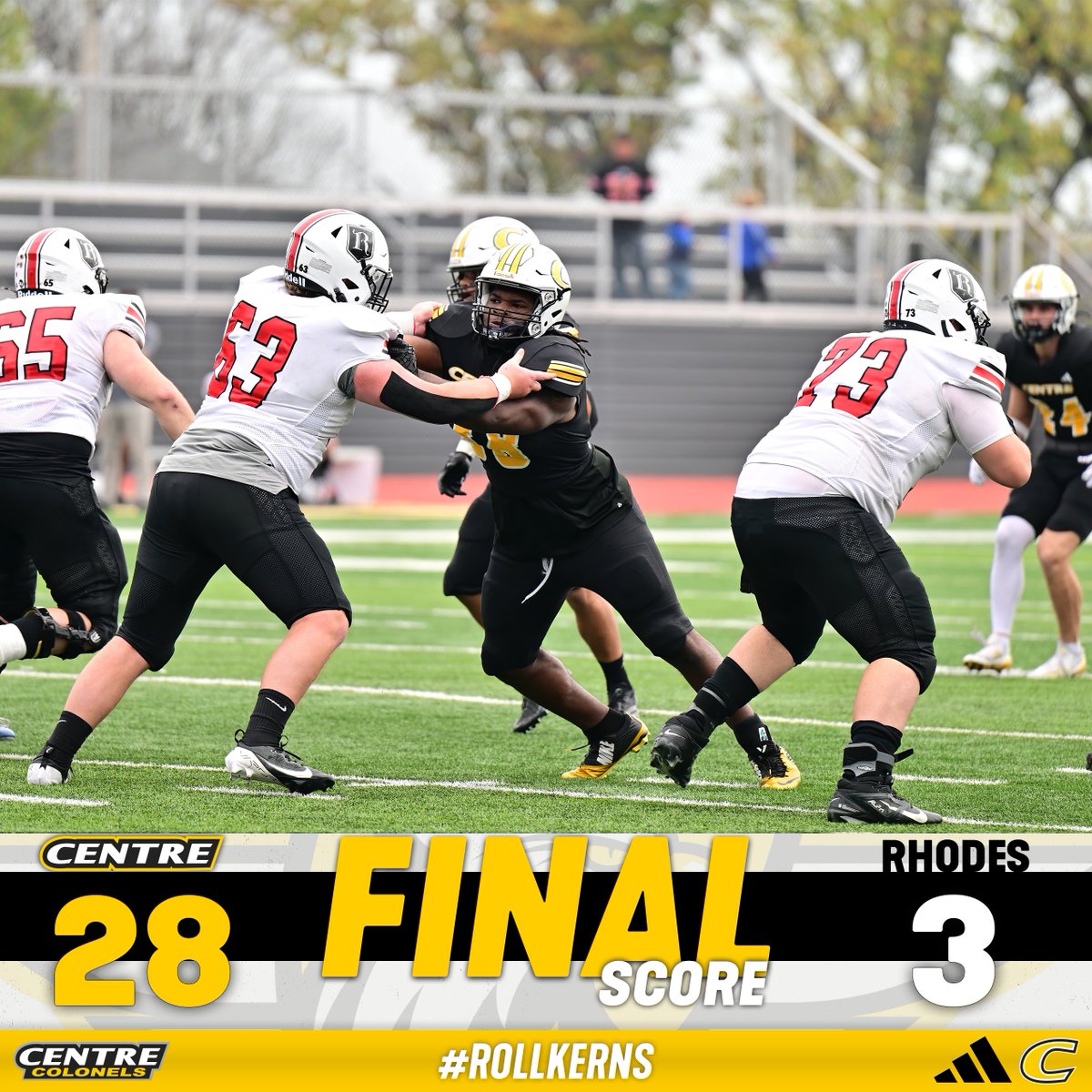 🏈 | The <a href="/CentreFootball/">Centre College Football</a> defense dominated this afternoon, holding Rhodes to 106 total yards of offense and ZERO rushing yards! #RollKerns #PEV centrecolonels.com/news/2025/11/1…