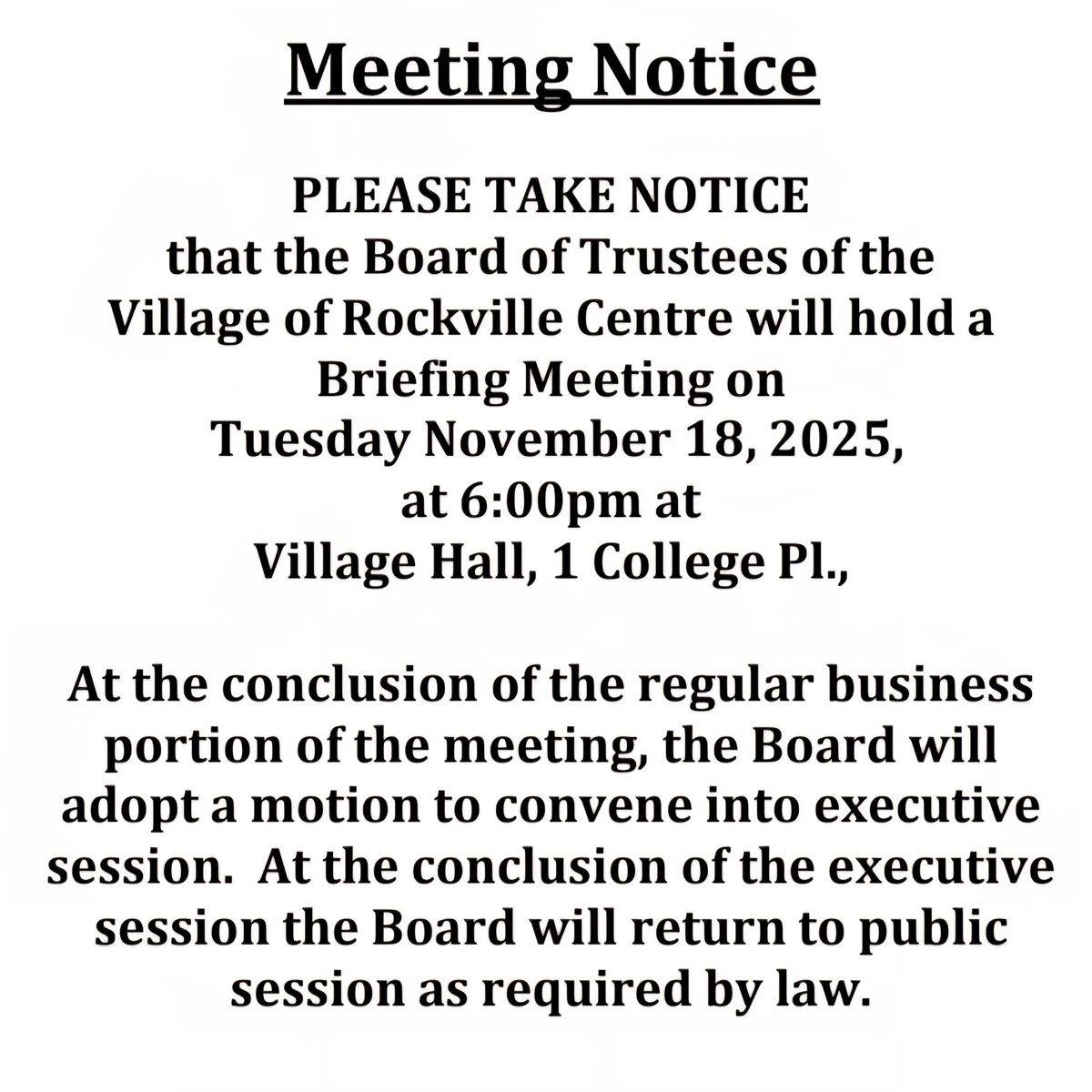 Meeting Notice - Tuesday, November 18, 2025, at 6:00pm at Village Hall.