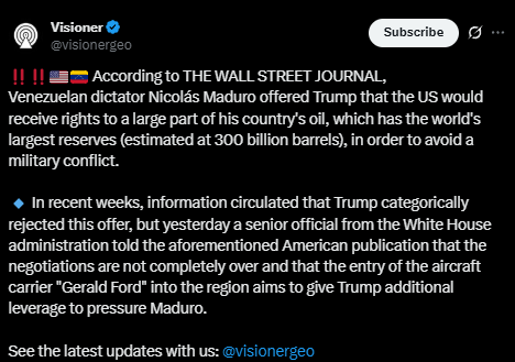 Screenshot of a news article from Visioneer News with text detailing Venezuelan dictator Nicolas Maduro offering Trump access to 300 billion barrels of oil reserves to avoid military conflict, mentioning Trumps rejection, White House officials not fully over it, and Gerald Ford entry for leverage on Maduro. Includes subscribe button and follow prompt for updates.