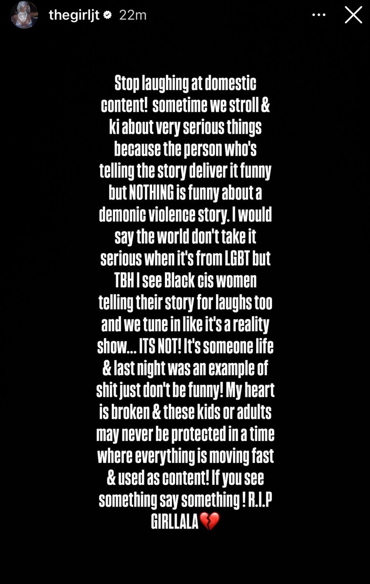 JTeaSupremacy's tweet photo. JT pens message against domestic violence and sends condolences to @Girlalala_ via Instagram Story. 🕊️ https://t.co/j8AGBvzP0M