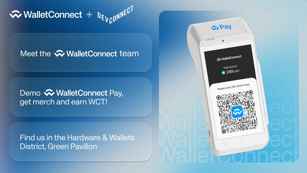 Catch WalletConnect @EFDevcon. Drop by the booth in the Hardware + Wallets  area to test WalletConnect Pay, earn WCT, and snag some merch. See you all  soon! 🙌