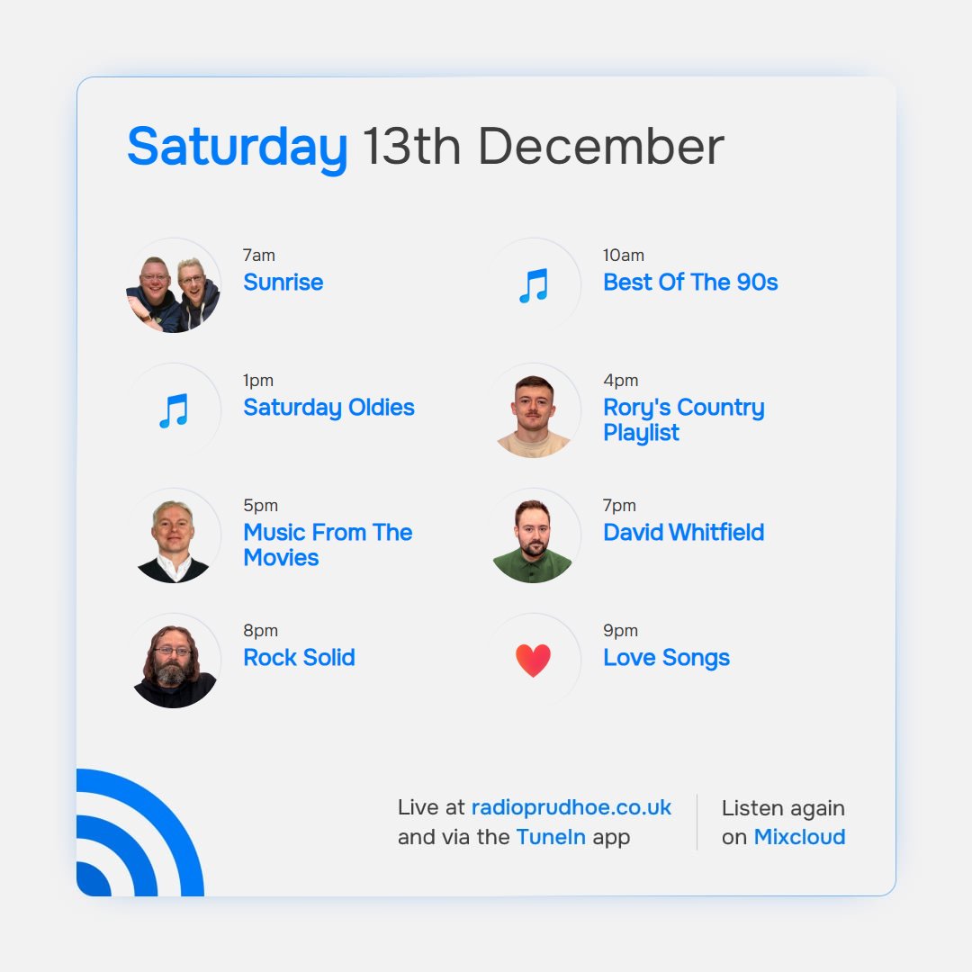 RadioPrudhoe's tweet photo. Good morning - it's Saturday, and the weekend has arrived! 🌅
Here's a look ahead at the shows you can enjoy on @RadioPrudhoe today! 📻🎙️ https://t.co/Rklc1CF9J5