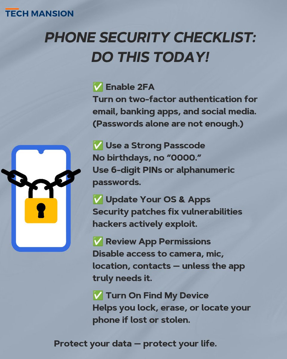 TechMansion's tweet image. Your &quot;1234&quot; passcode isn&apos;t enough. 🔒
Protect your phone and your life with this 5-step security checklist.

#PhoneSecurity #2FA #TechMansion