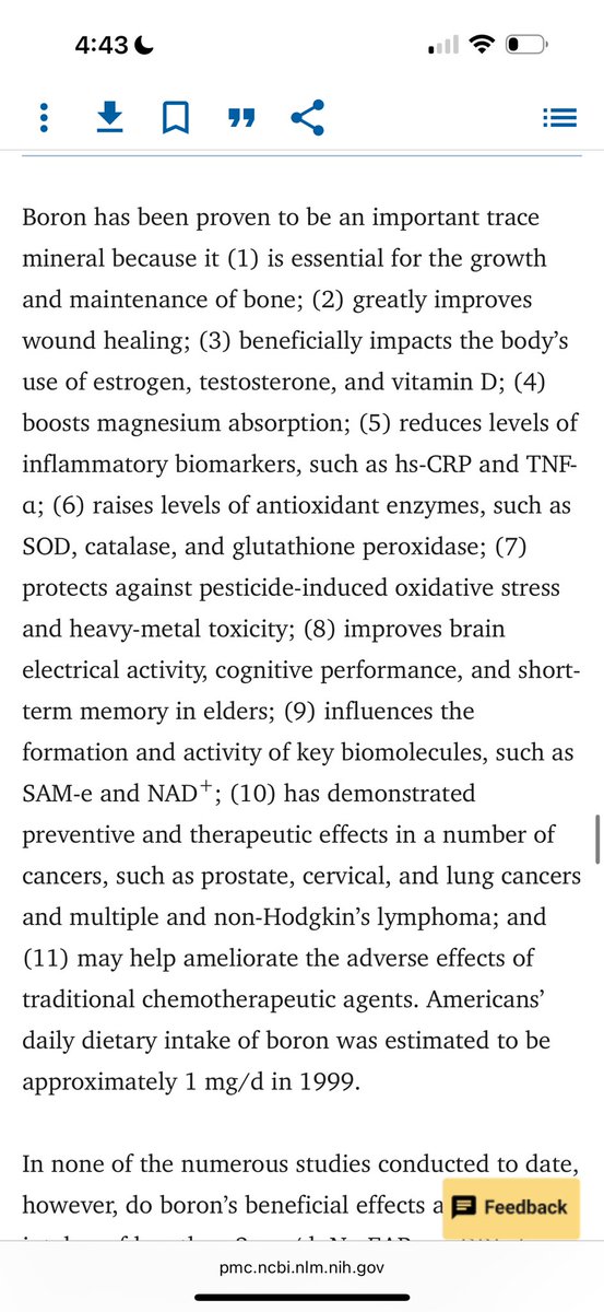 Everything that boron does in just one study:

- Bone growth
- +29% free testosterone
- 39% reduction in estrogen
- Lowers heavy metal toxicity
- Wound healing
- 50% reduction in CRP (inflammation)
- Improved vitamin D levels
- Improved magnesium absorption
- Reduction in TNF-a