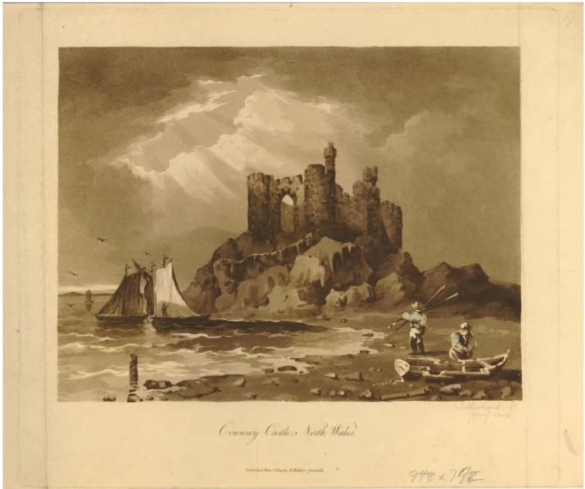 A quite stylised view of Conwy Castle from 1809. I think this gives the castle a very Arthurian feel to it. I love it!
'Aquatint, printed in dark brown ink, touched with pale green ink. 
Print made by: Thomas Sutherland'
© The Trustees of the British Museum