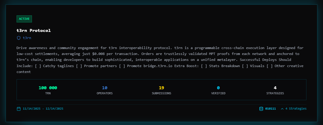 Just kicked off a <a href="/t3rn_io/">t3rn</a> campaign on <a href="/borged_io/">borged.io</a> ⚡

If you're into cross-chain tech, on-chain identity, or want to level up your social activity, now’s the perfect time to join to #t3rn.

Borged tracks engagement, T3rn brings the interoperability vision.🌟