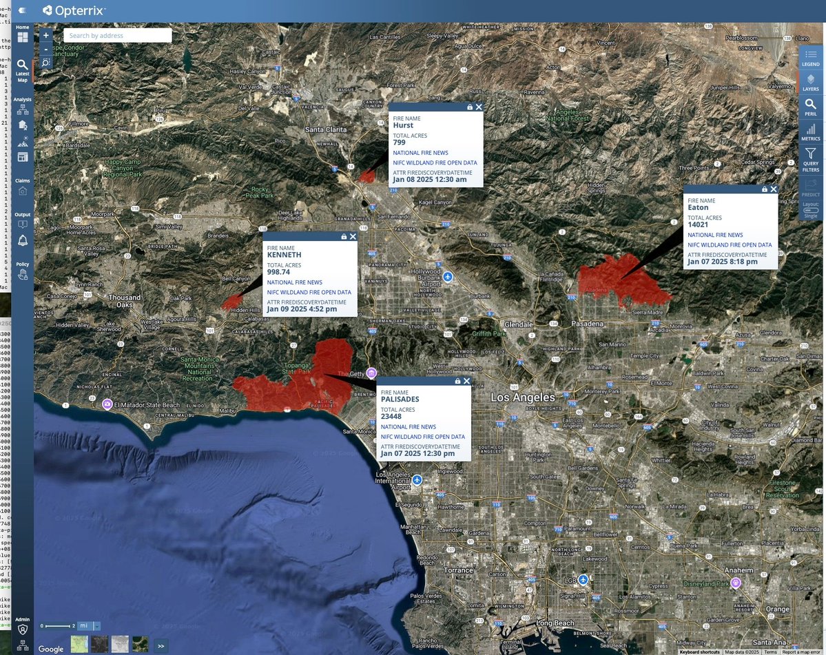 opterrix's tweet image. Day 15 of #30DayMapChallenge: Fire   
This map shows the devastating wildfires that swept through Los Angeles in January 2025, marking one of the most destructive fire events in California&apos;s history.

#Wildfire #GeospatialAnalysis #DisasterResponse #DataVisualization #Opterrix
