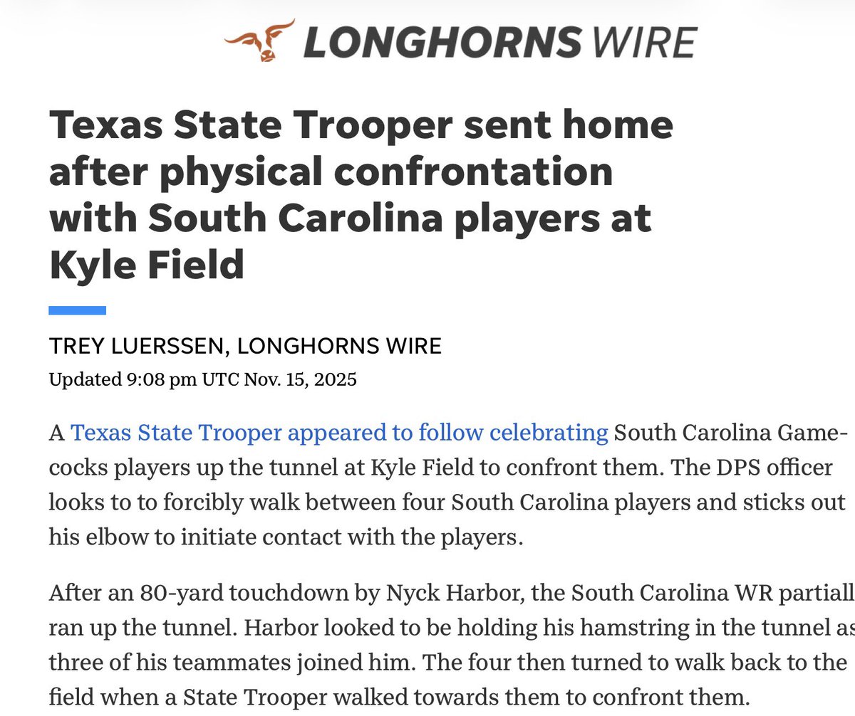 This ESPN headline is malpractice. Longhorns Wire got it right about the Texas A&amp;M trooper.